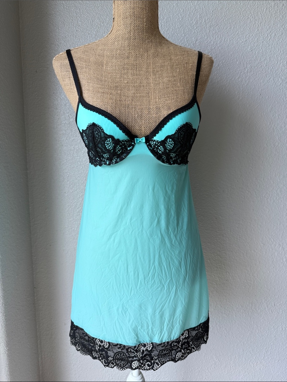 Victoria's Secret Aqua Chemise with Black Lace Trim